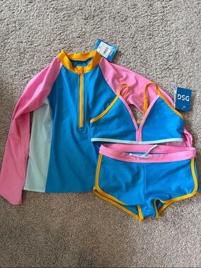 DSG Girls' Blue Pink Orange  3-Piece Rash Guard Swim Set